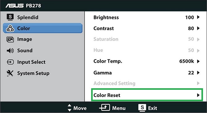 بازگرداندن تنظیمات کارخانه برای ترکیب رنگ مانیتور