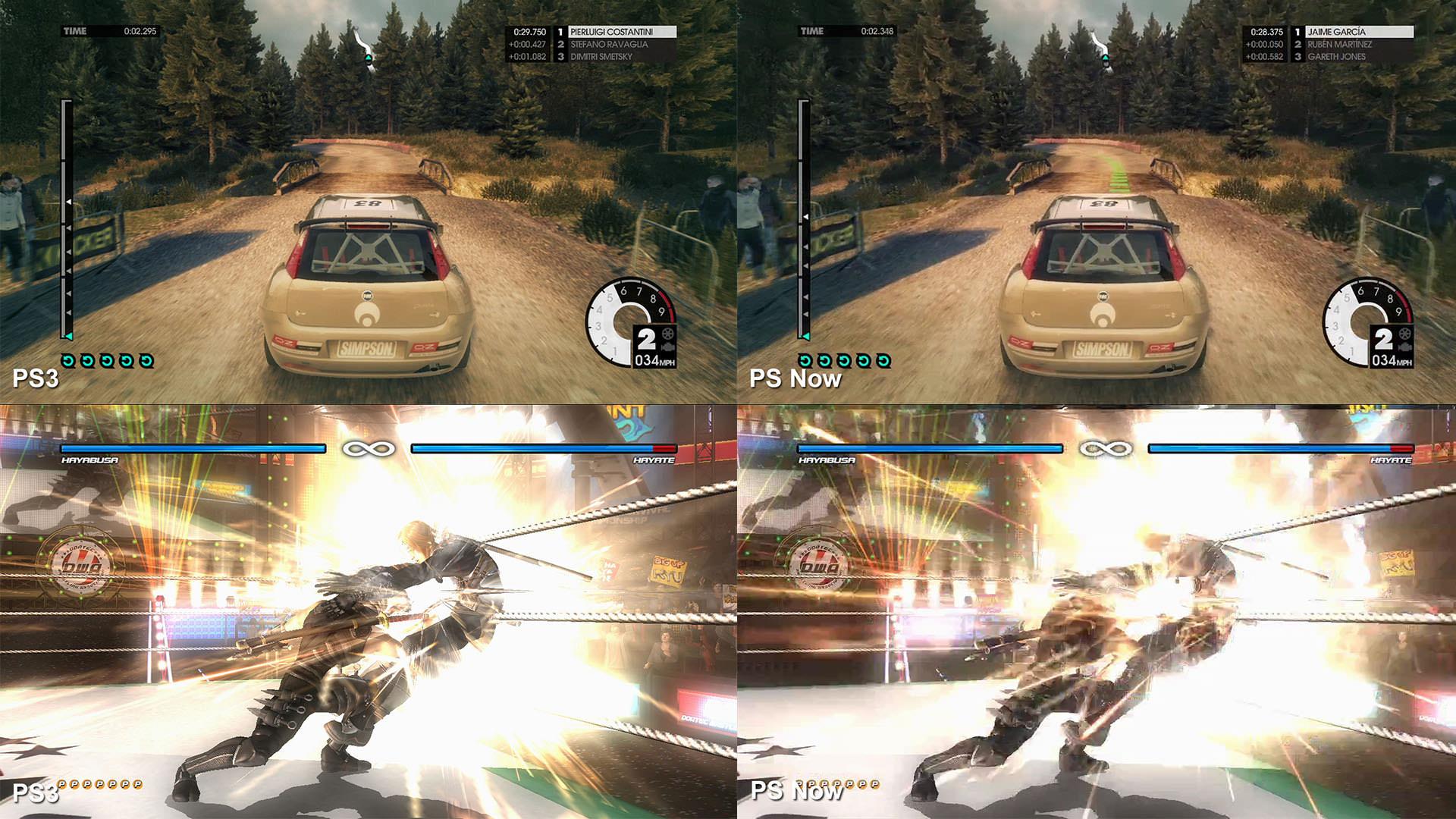 مقایسه‌ی دو بازی Dead or Alive 5 و Dirt 3 روی سرویس PlayStation Now و پلی‌استیشن 3. برای مشاهده‌ی سایز بزرگ‌تر روی تصویر کلیک کنید