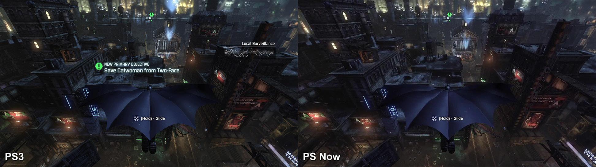 نویزهای تصویری بیشتر در مناطق روشن و با کنتراست بالای تصویر مشخص هستند. مناطق تاریک‌تر به پنهان کردن تصاویر کم‌کیفیت‌تر PlayStation Now کمک می‌کنند. به همین دلیل بازی Batman: Arkham City به خوبی روی این سرویس کار می‌کند. برای مشاهده‌ی سایز بزرگ‌تر روی تصویر کلیک کنید.