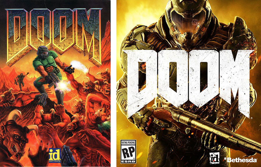 خوتان مقایسه کنید! تصویر سمت راست جلد نسخه جدید Doom را نشان میدهد و سمت چپی مربوط به نسخه سال ۱۹۹۳ است