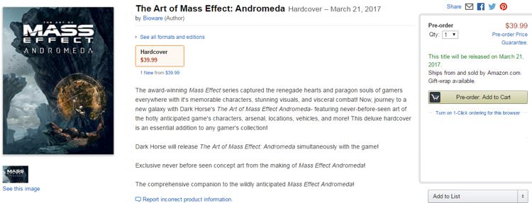 تاریخ عرضه The Art of Mass Effect: Andromeda در وبسایت آمازون