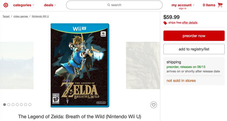 لو رفتن تاریخ انتشار The Legend of Zelda: Breath of the Wild در فروشگاه Target
