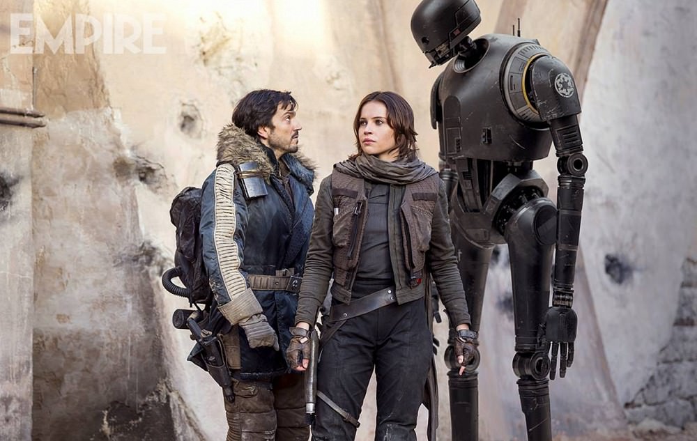 Jyn, K-2SO, and Captain Cassian Andor in Rogue One