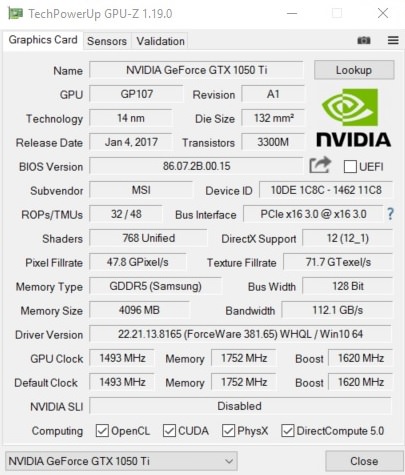 MSI GE62 7RE GPU-Z 1