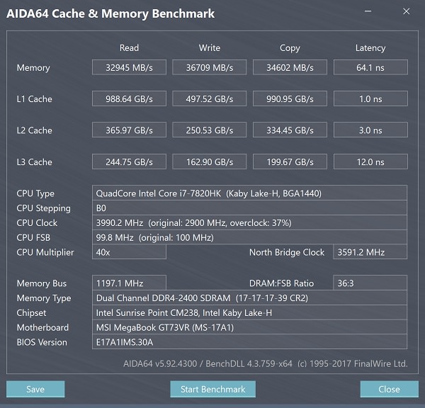 MSI GT73VR 7RE AIDA64 Cache and Memory