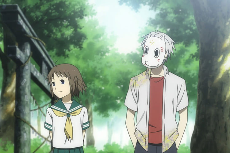 انیمه Hotarubi no Mori e و پسر با ماسک عجیب و دختر با لباس فرم مدرسه