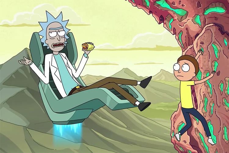 شخصیت ریک در سریال Rick and Morty روی یک صندلی قابل پرواز