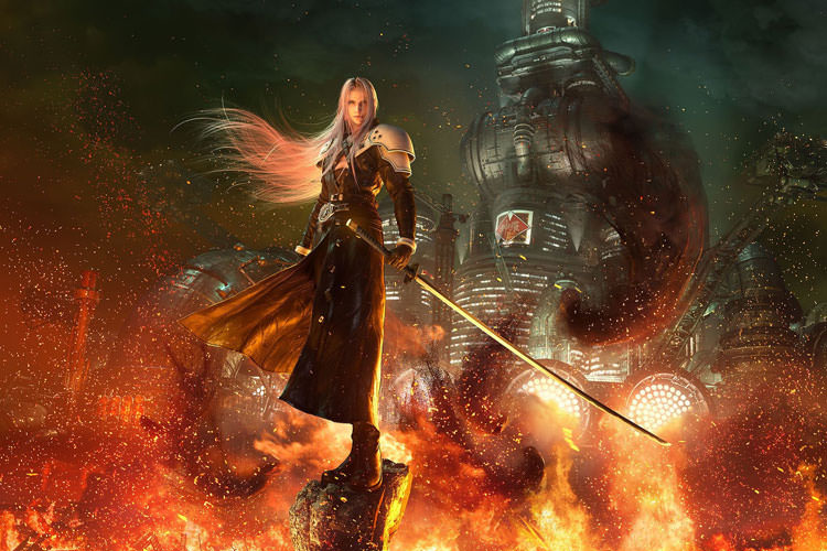 مبارز با شمشیر بلند در میان آتش در بازی فاینال فانتزی 7
