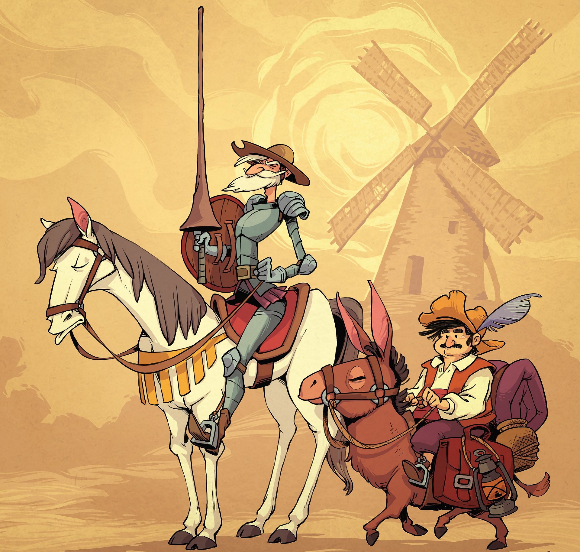 نقاشی از دون کیشوت و دوست او سوار بر اسب و الاغ برای جنگ با آسیاب بادی 