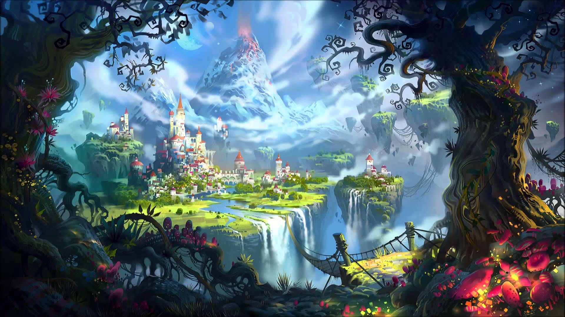 تصویر سازی منظره تخیلی با نمایش جنگل ، قلعه ، کوه و ابرها