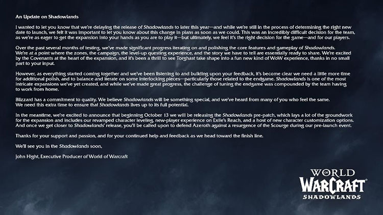 بیانیه بلیزارد در راستای تاخیر بسته الحاقی شدولندز بازی World of Warcraft