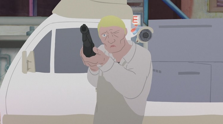 شخصیت مرد دامپرور با موهای بور و اسلحه با بک گراند ماشین بار بر سفید رنگ از انیمیشن Change Return