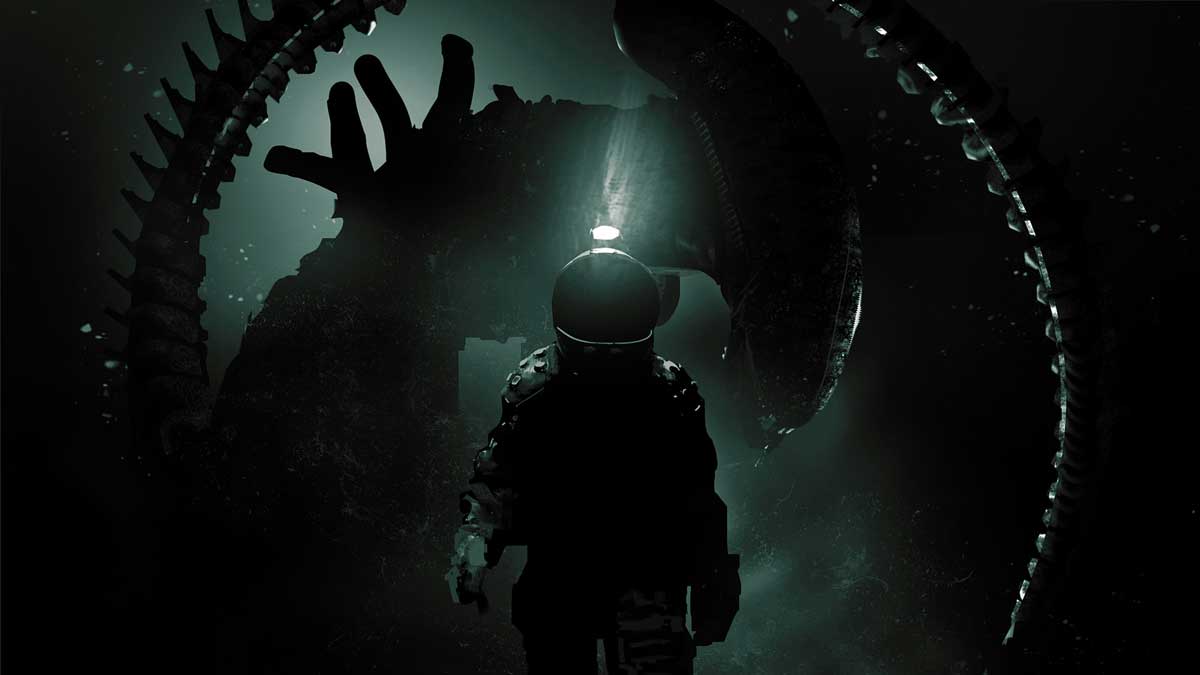 فضانورد فضا در محیط ترسناک مقابل شیشه بزرگ سفینه داخل بازی Alien