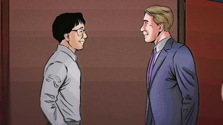 مرد غربی و مرد ژاپنی در حال ملاقات تجاری در فیلم Console Wars