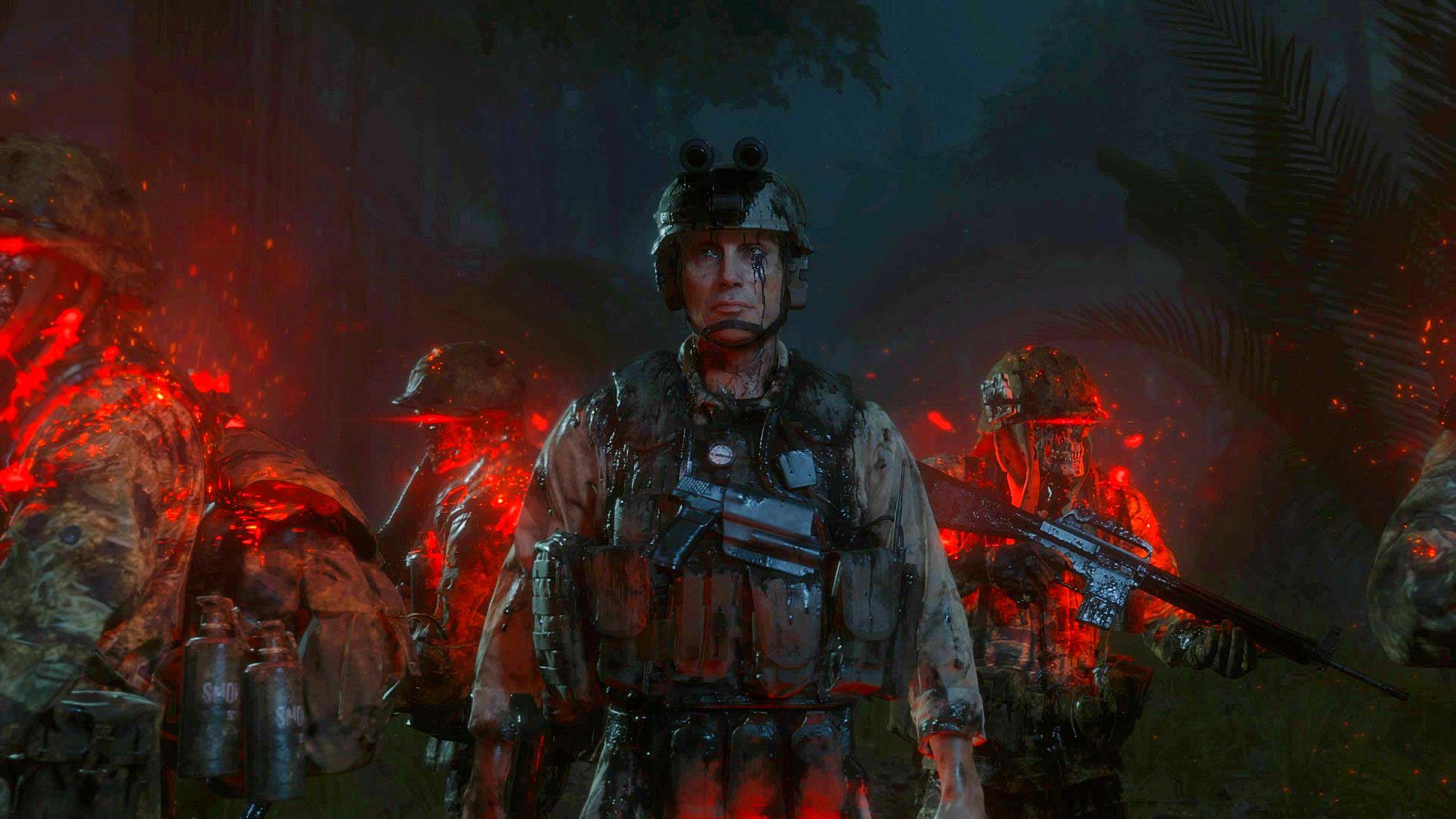 مدس میکلسن در نقش کلیف مشغول حمله به سم در جنگ ویتنام به همراه سربازهای اسکلتی ترسناک