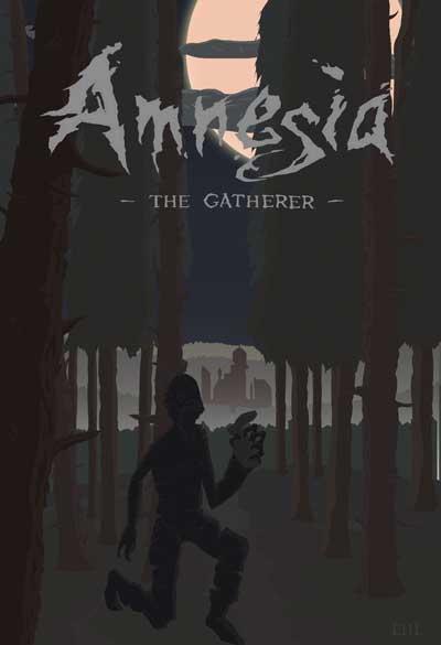 پوستر فن آرت بازی ترسناک Amnesia با نمایش فردی گیرافتاده در جنگل مخوف و شبیه به هیولا