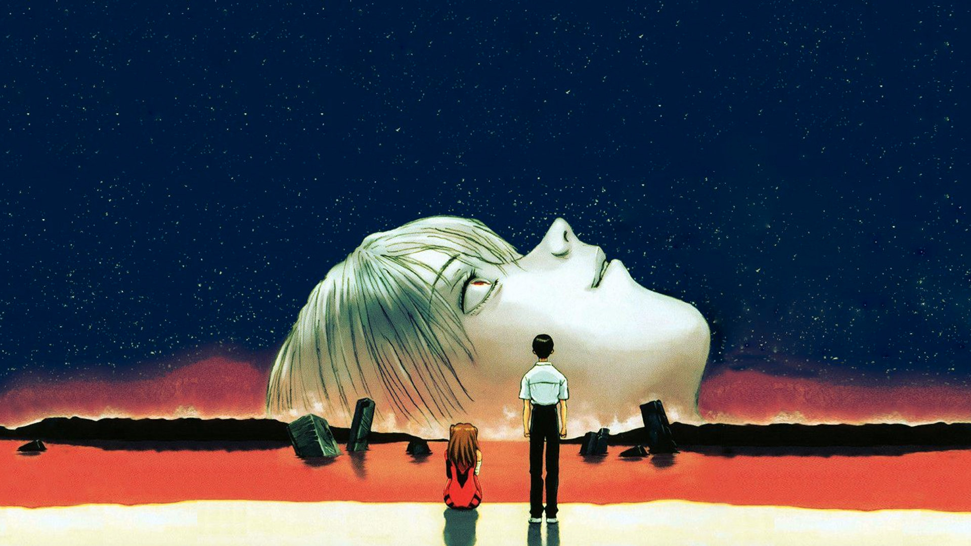 شخصیت‌های شینجی و آسوکا با بک گراند دریاچه‌ی قرمز و آسمان آبی و پرستاره‌ی شب در انیمه Neon Genesis Evangelion