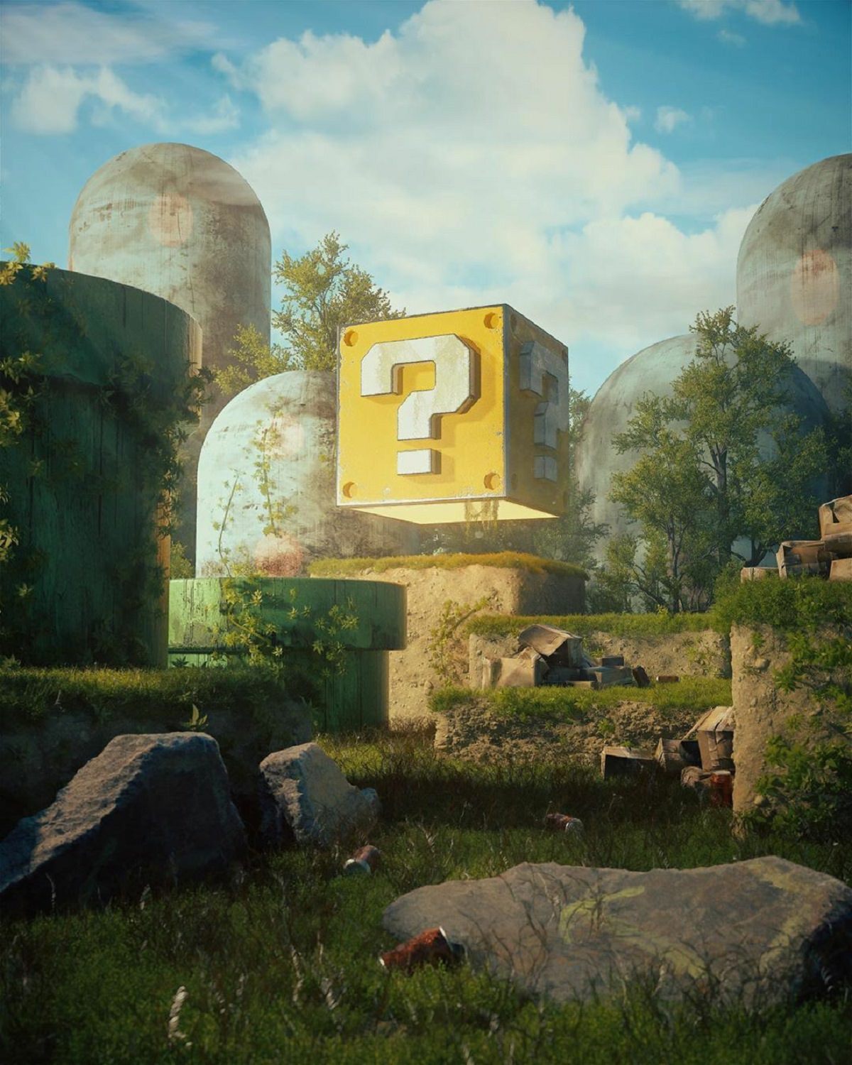 بلوک علامت سوال در بازی ماریو نینتندو در محیط باز و چمنزار