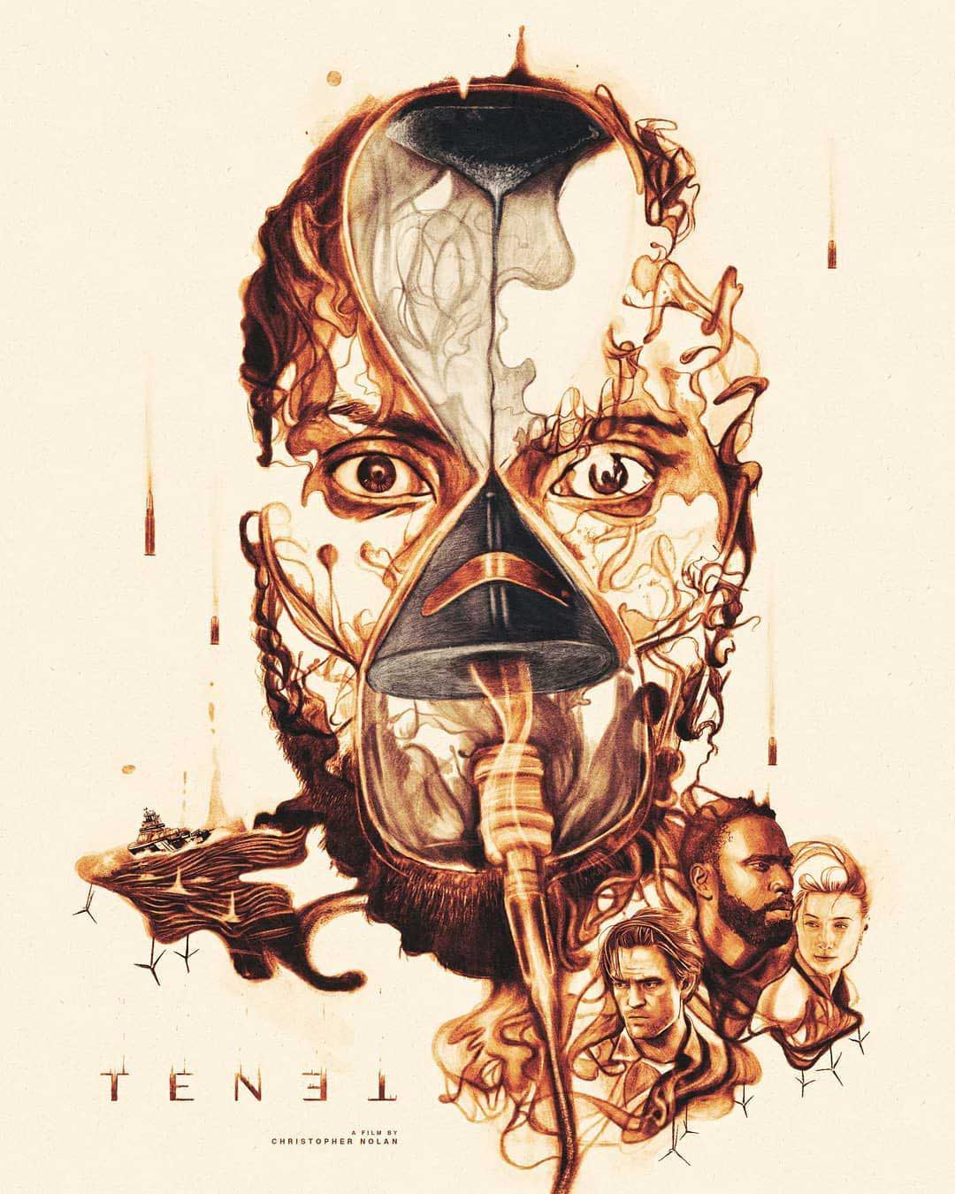 پوستر عجیب و فن آرت فیلم Tenet/تنت کریستوفر نولان با چهره صورت پروتاگونیست و نیل با بازی رابرت پتینسون