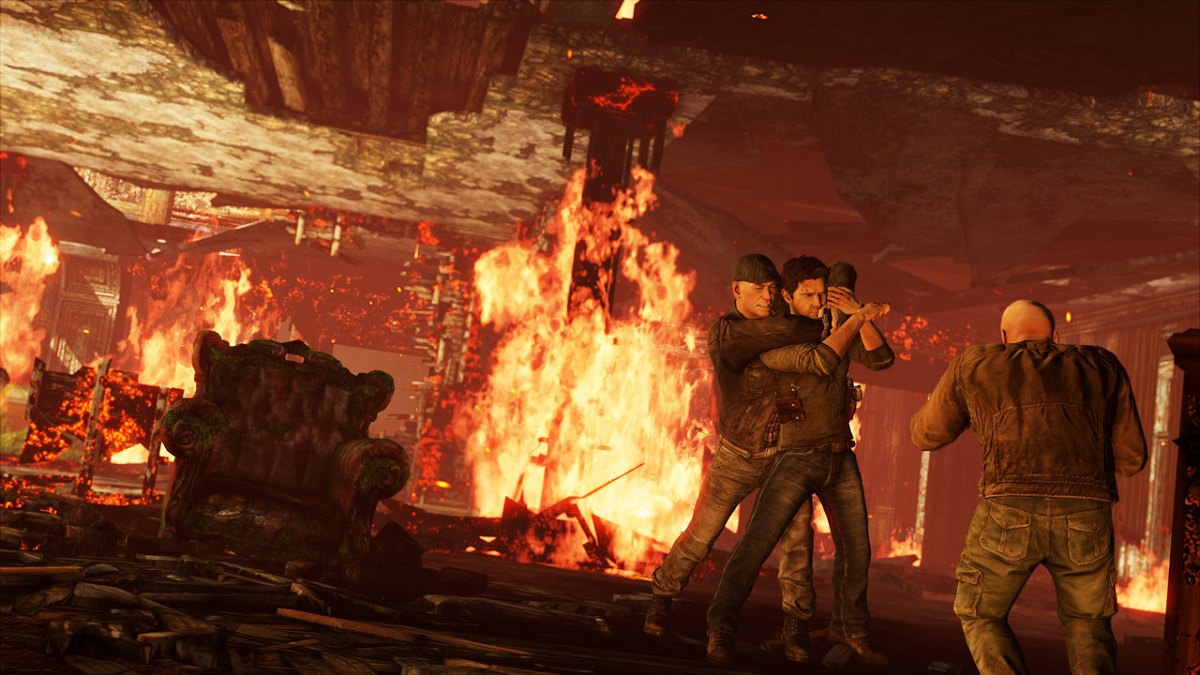 دشمنان کامپیوتری در حال دعوا و مبارزه در فضای آتش گرفته Uncharted 3: Drake’s Deception 