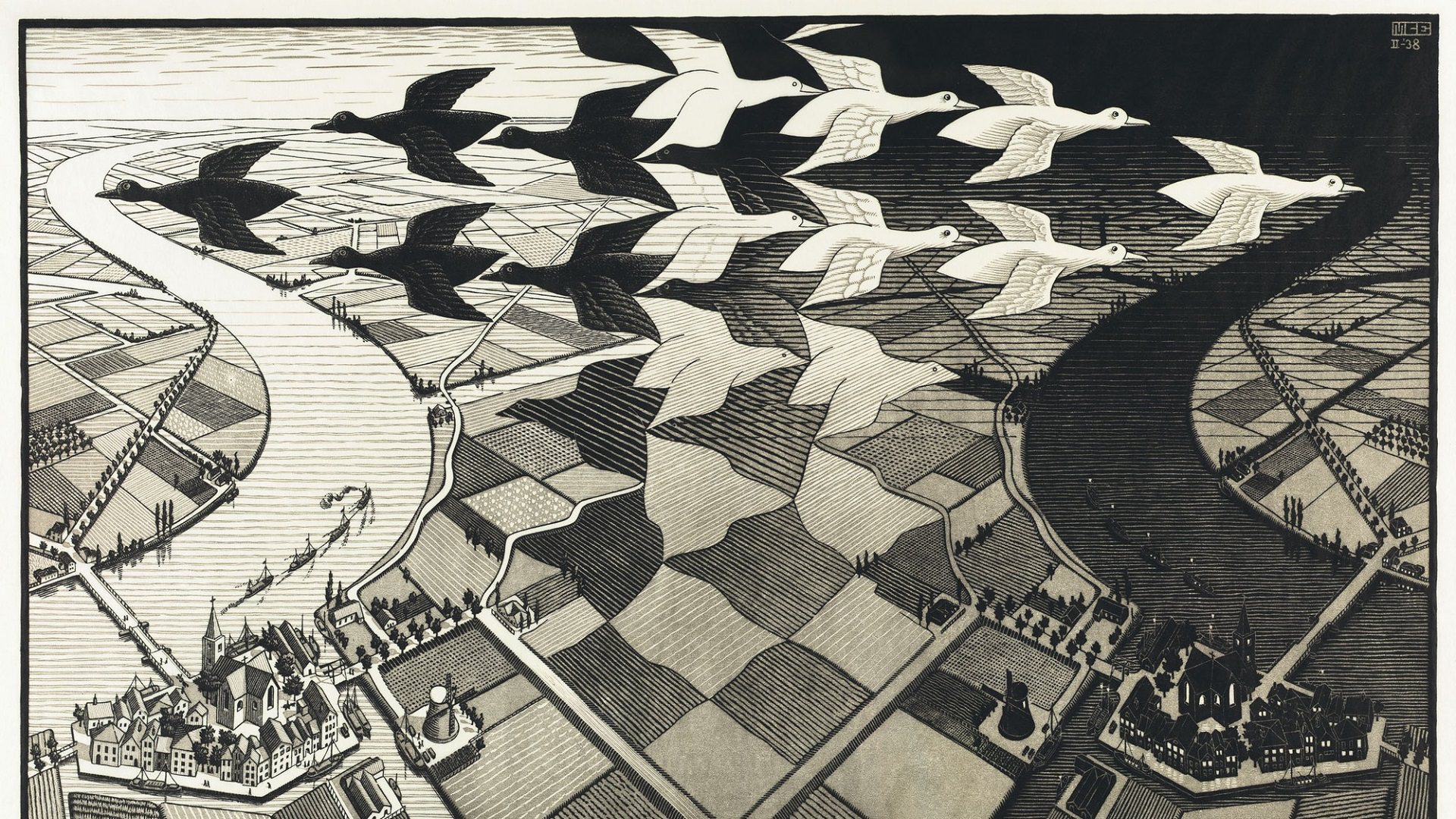 گرافیک سیاه سفید  اثر اشر با نمایش پرندگان و منظره خانه ها بر صفحه شطرنجی از آسمان 
