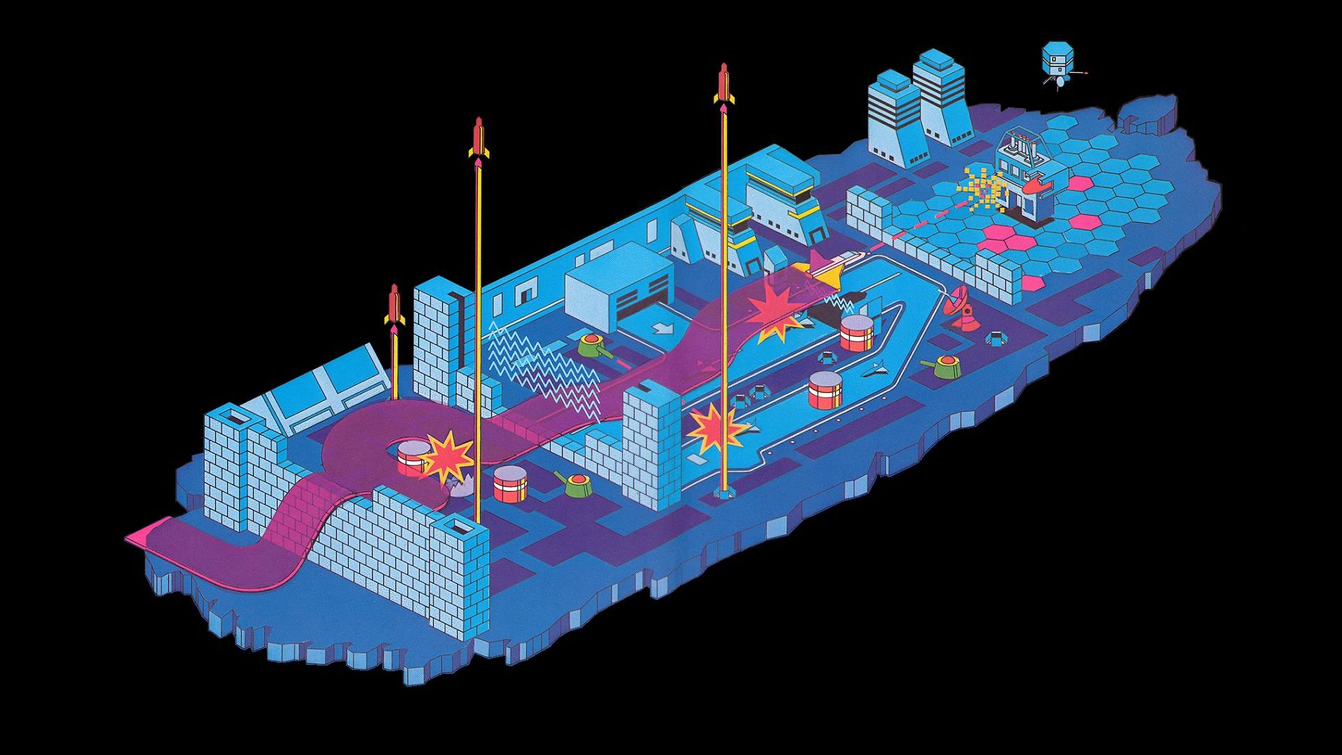بازی zaxxon  با نمایش کشتی آبی رنگ با گرافیک آکسونومتری و سه بعدی