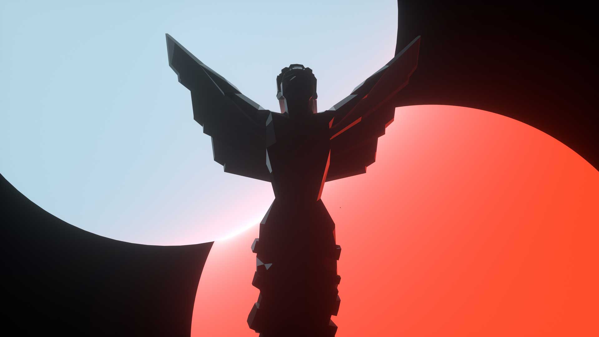 مجسمه زیبا گیم اواردز مقابل نورهای آبی و قرمز در مراسم The Game Awards 2020 جف کیلی