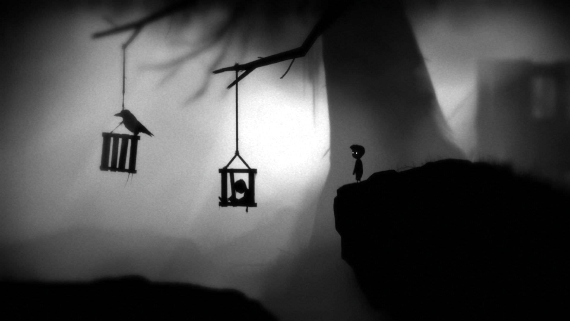 بازی سیاه سفید limbo  پسر بچه در فضای ترسناک دره و درخت با نمایش یک اسیر در قفس و کلاغ سیاه 