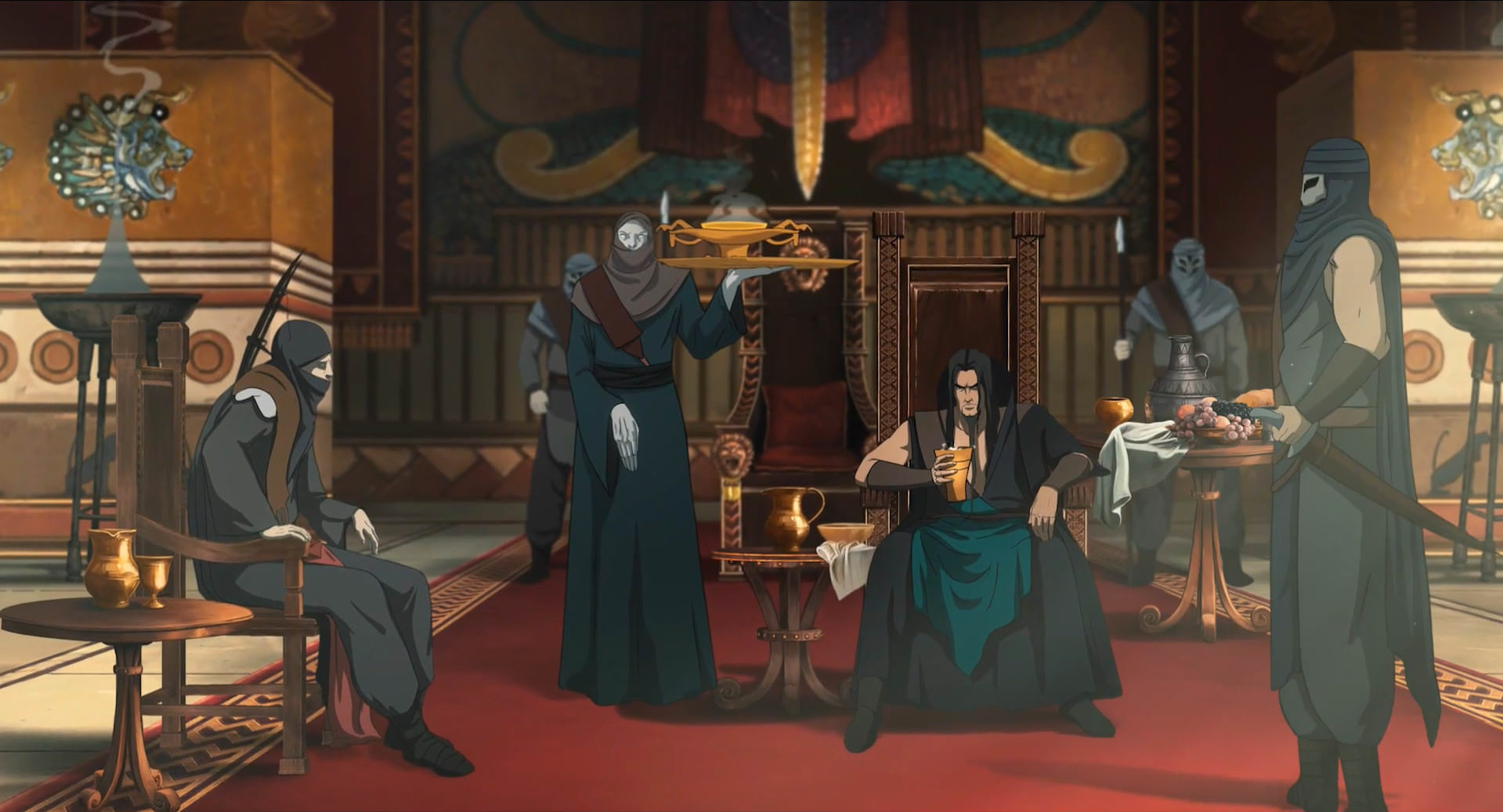 ضحاک نشسته بر تخت سلطنت مشغول عیاشی در انیمیشن آخرین داستان
