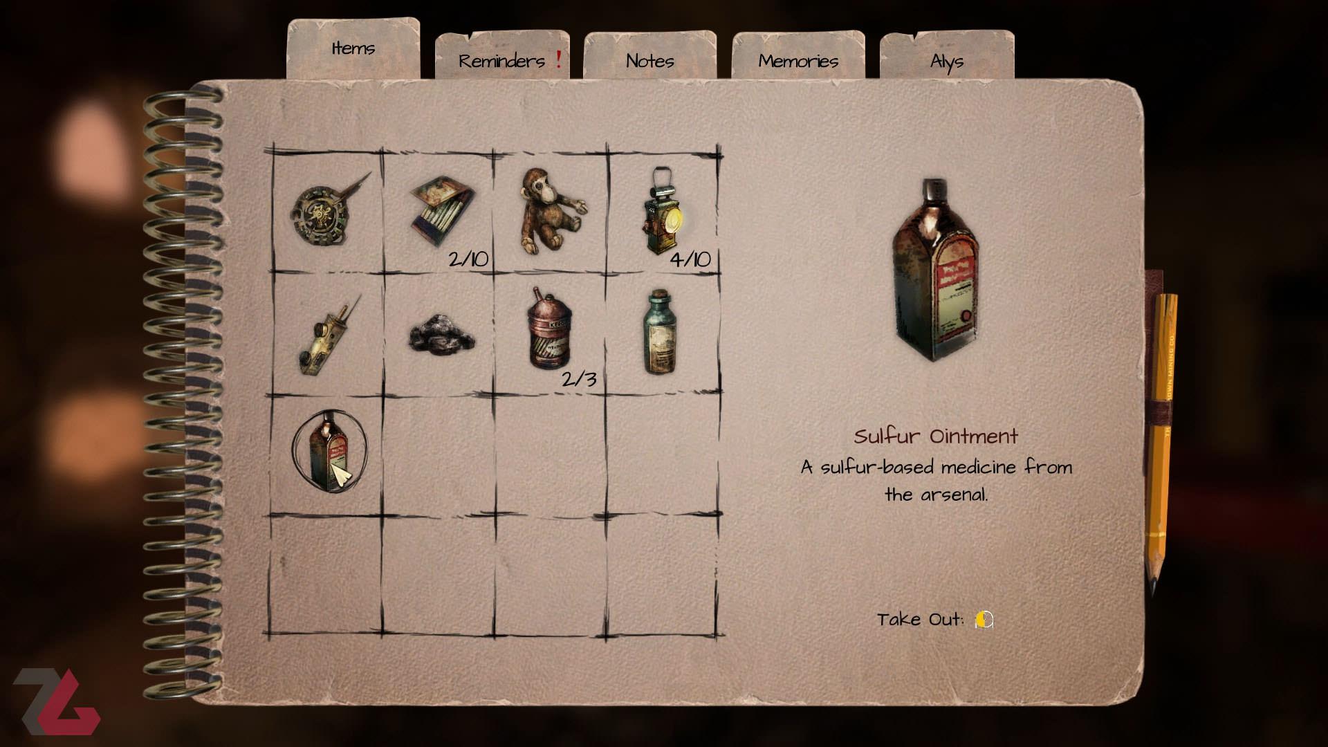 صفحه آیتم‌ها در بازی Amnesia Rebirth