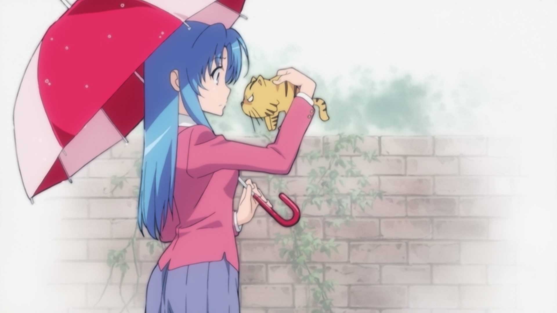 نگاه دختر با چتر قرمز و موهای آبی به گربه زردرنگ بامزه در انیمه Toradora