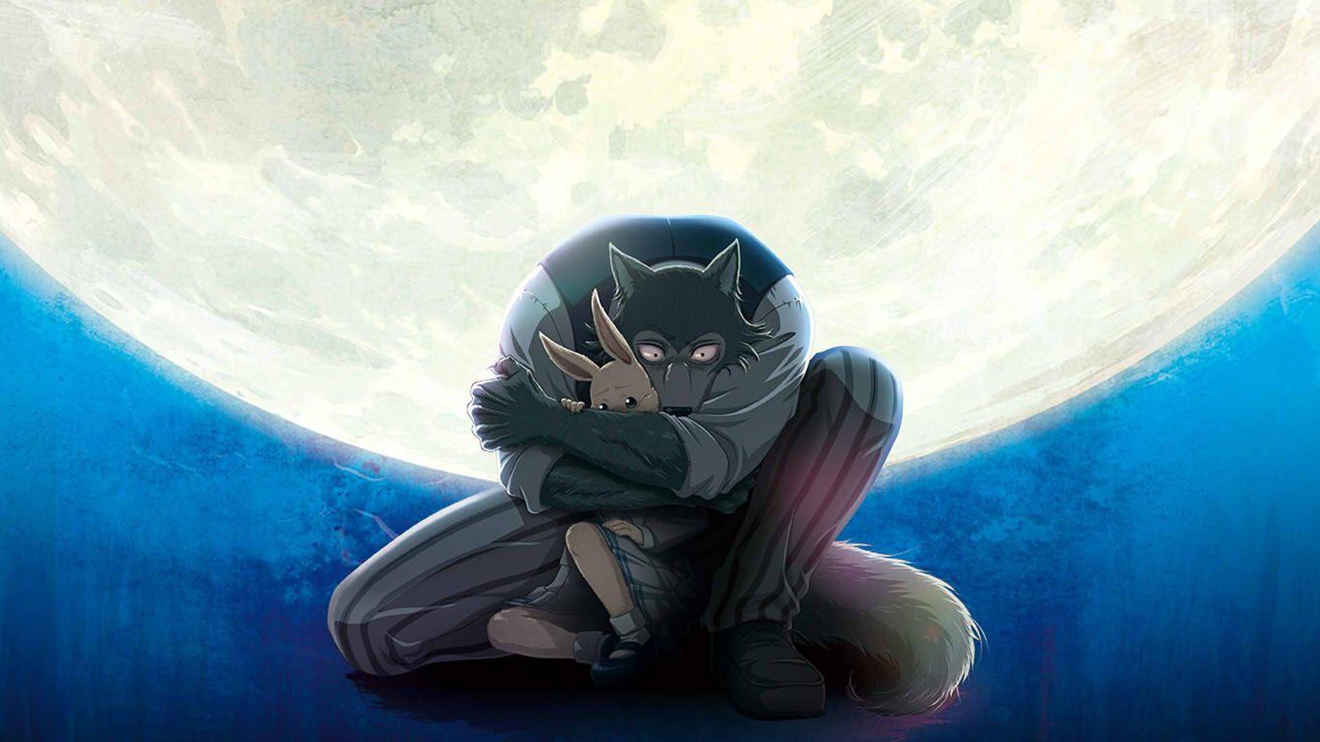شخصیت‌های لگوشی و هارو از انیمه‌ی BEASTARS با پشت زمینه‌ی آسمان شب و ماه بزرگ