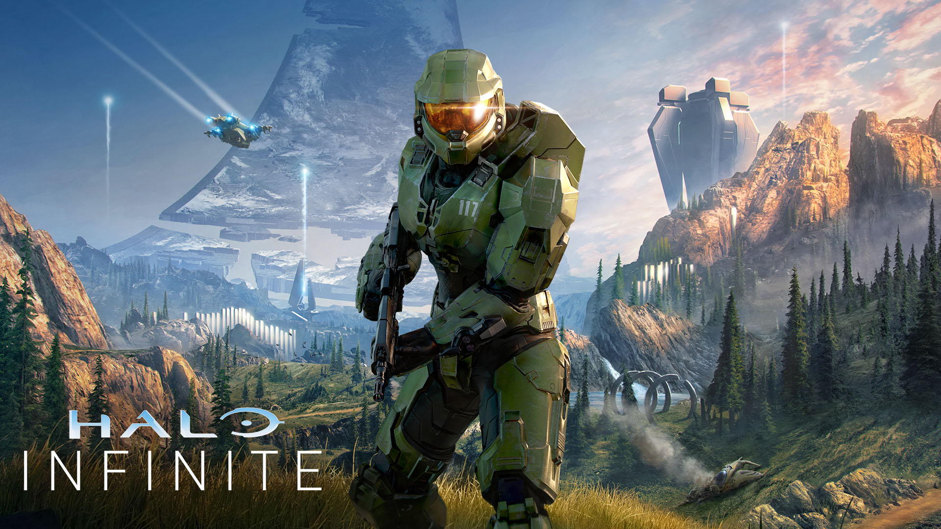 بازی Halo Infinite و مسترچیف با لباس سبز و کلاه خود درخشان در سرزمین بزرگ