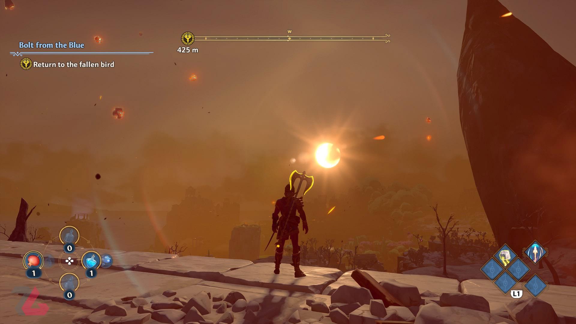 قهرمان بازی Immortals Fenyx Rising درحال تماشای غروب خورشید
