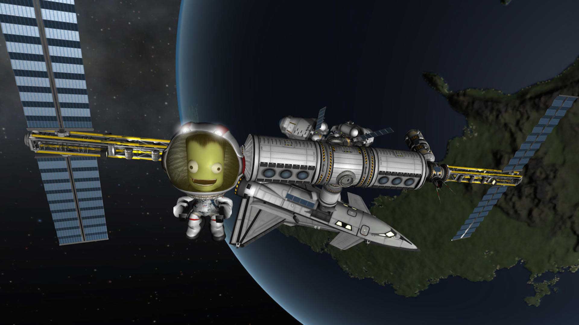 موجود فضایی سبزرنگ بیگانه مقابل سفینه فضایی دارای سلول خورشیدی در فضا بازی Kerbal Space Program 2