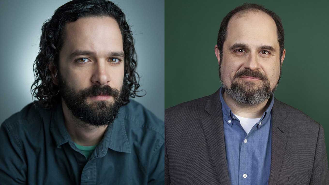 کریگ مازل مقابل بک گراند سبز و نیل دراکمن با موهای بلند، سازندگان سریال The Last of Us شبکه HBO