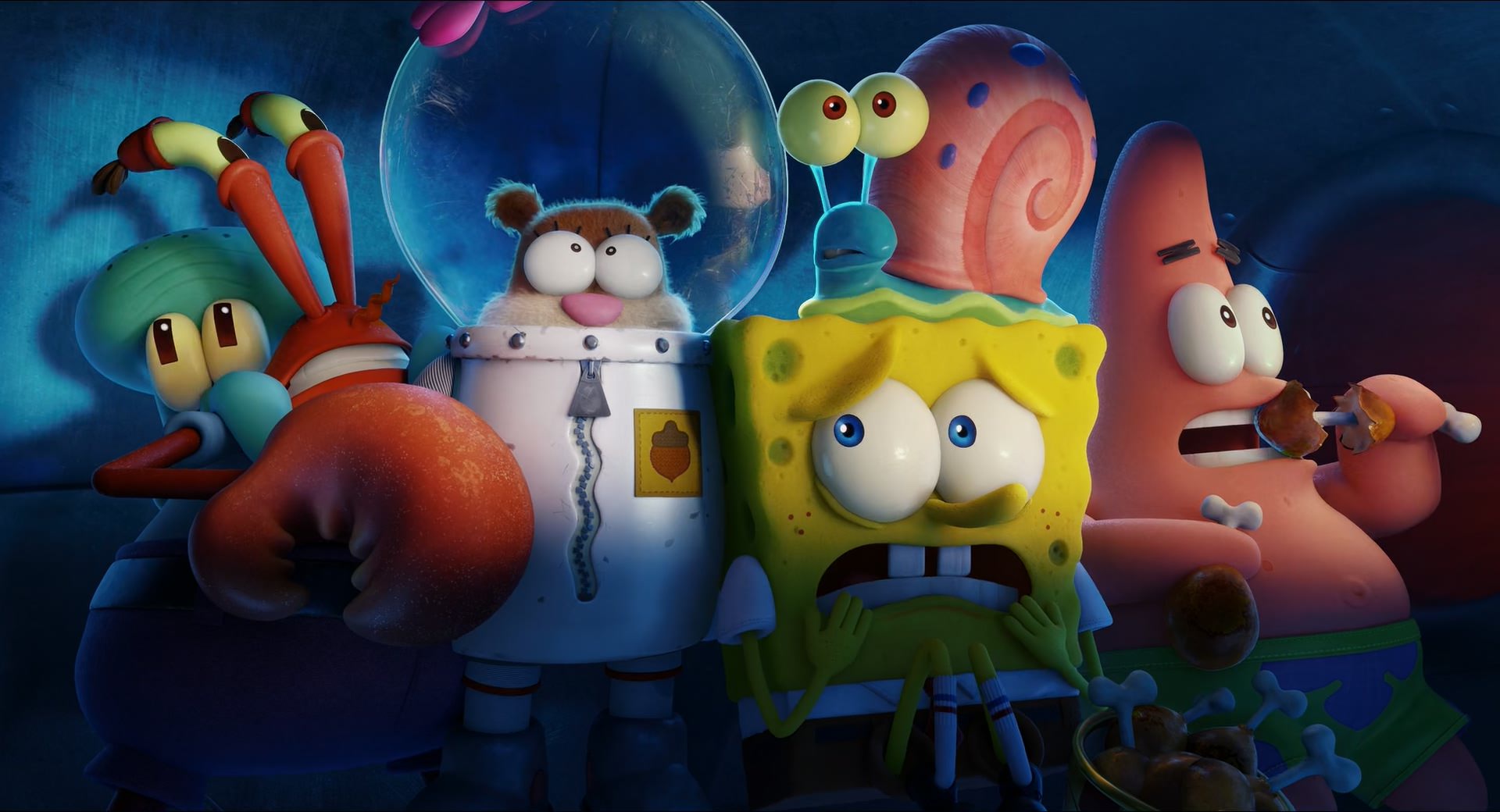 باب اسفنجی و دوستانش در موقعیتی مضطرب در انیمیشن The SpongeBob Movie: Sponge on the Run