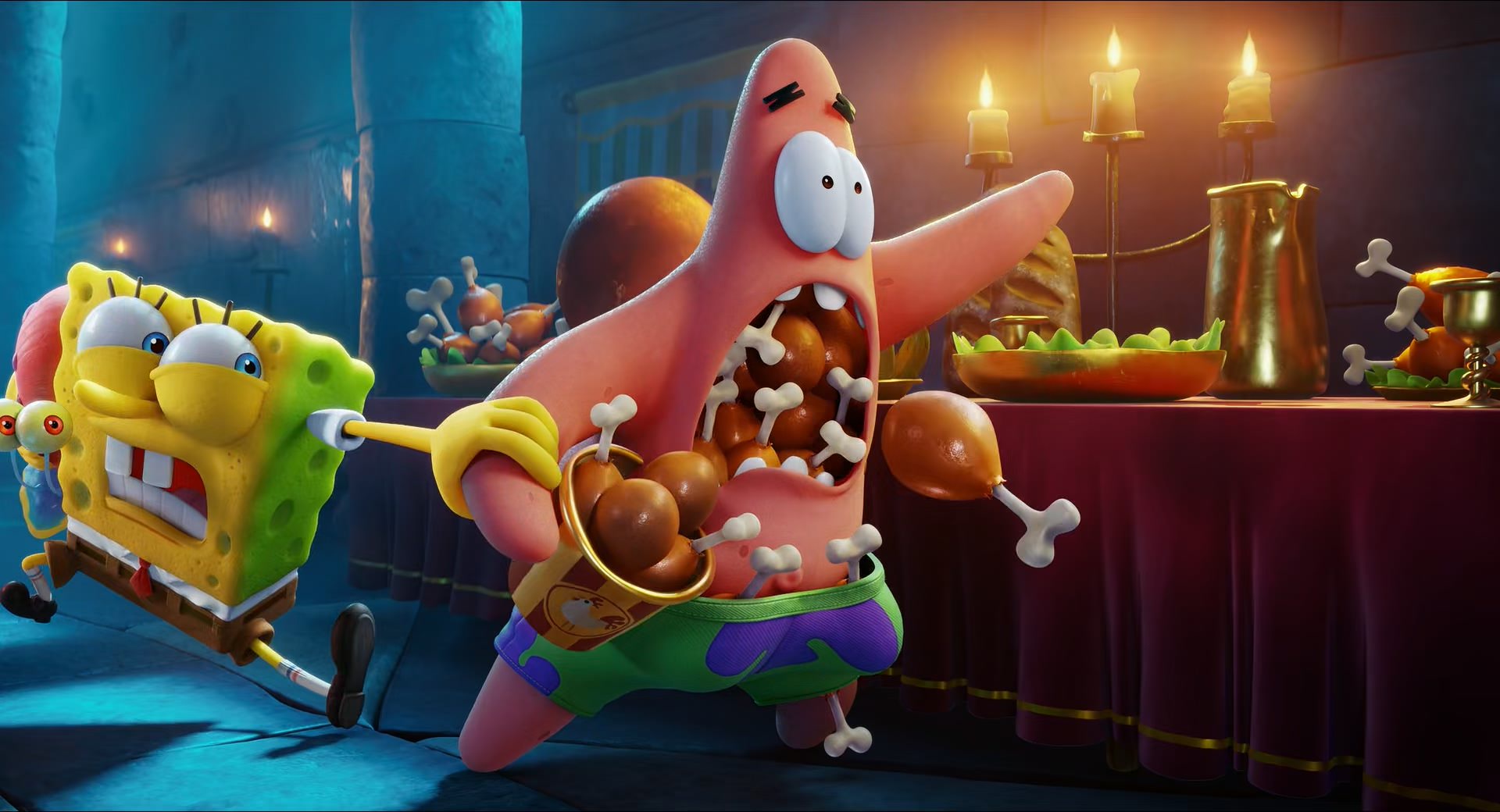 پاتریک درحال جارو کردن بشقاب غذا در موقعیت فرار انیمیشن The SpongeBob Movie: Sponge on the Run