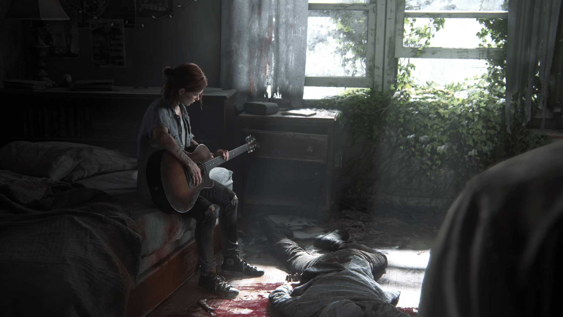 الی غمگین با گیتار کنار پنجره و مقابل جول در نخستین تریلر بازی The Last of Us Part II