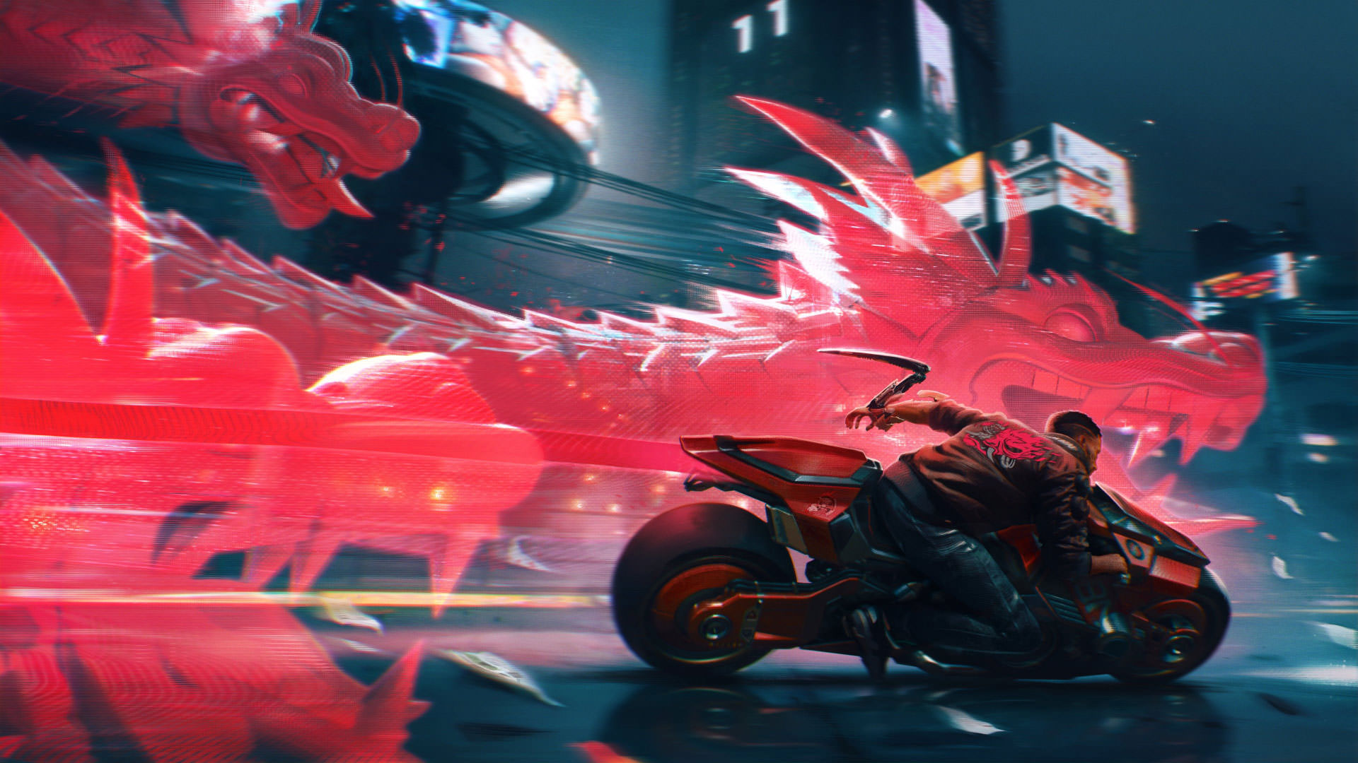 شخصیت V درحال موتورسواری در تصویر هنری بازی Cyberpunk 2077 با حضور یک اژدها دیجیتالی