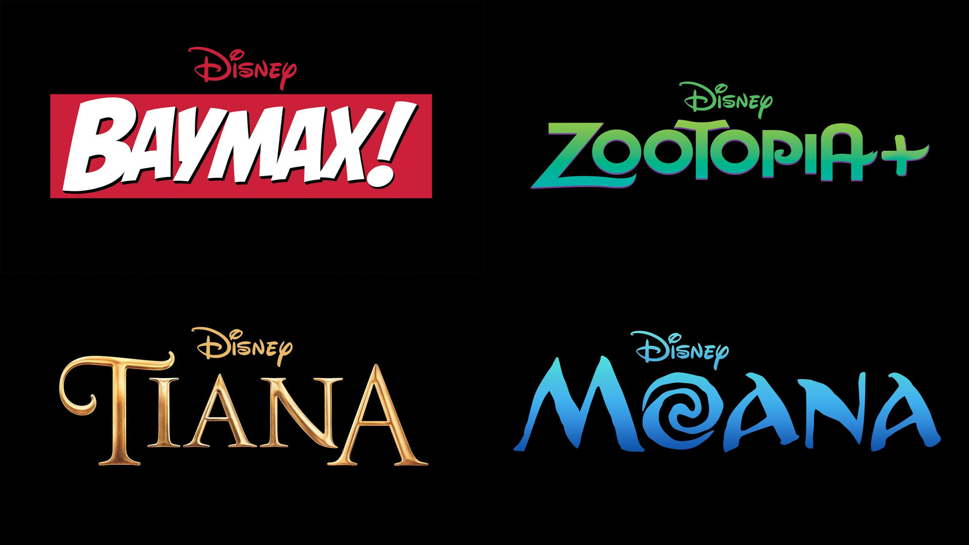 چهار لوگو رنگارنگ انیمیشن های سریالی جدید دیزنی؛ بیمکس، زوتوپیا، موانا و تیانا
