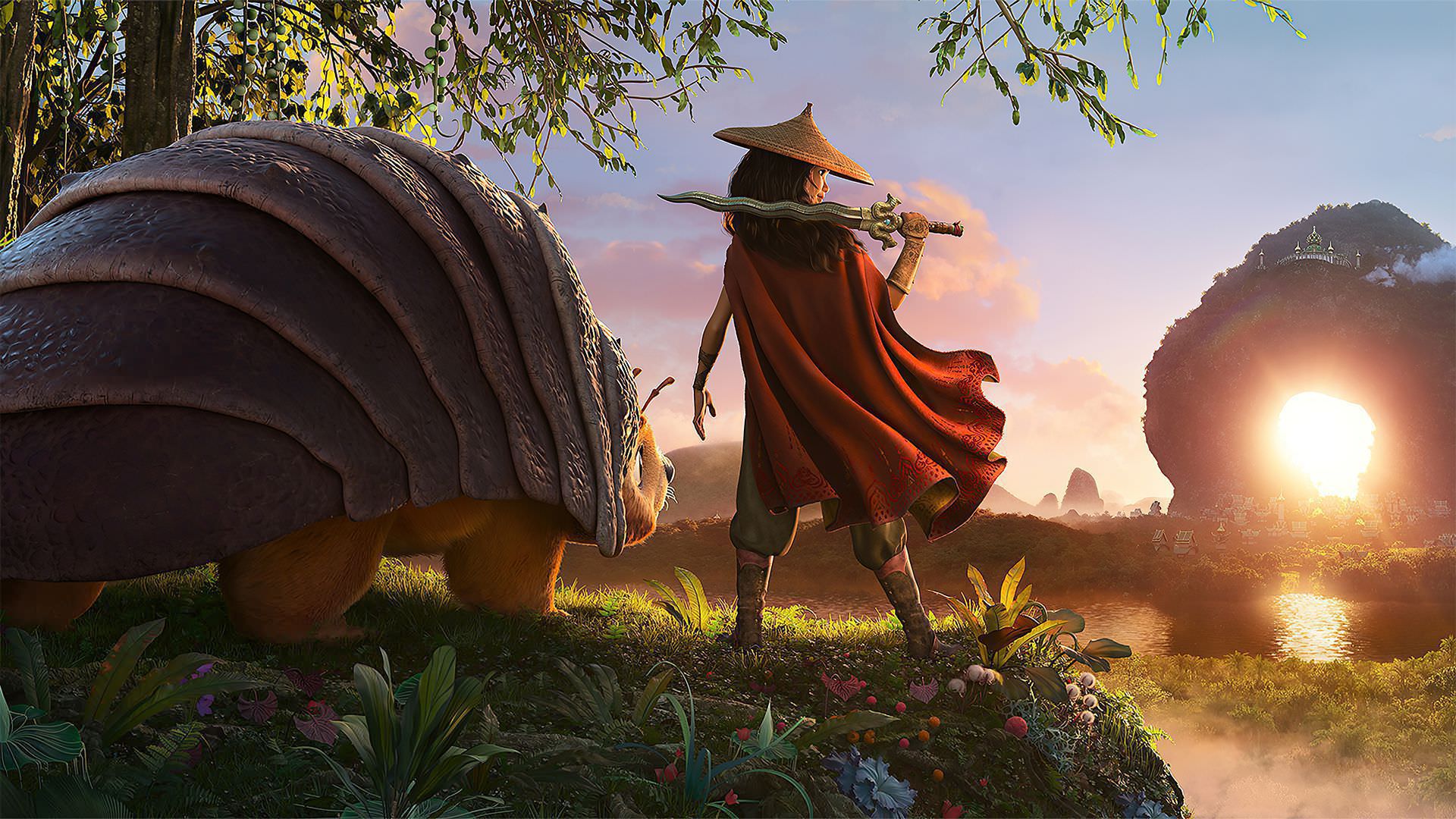 رایا و حیوانش در حال تماشا طلوع آفتاب در انیمیشن Raya and the Last Dragon 