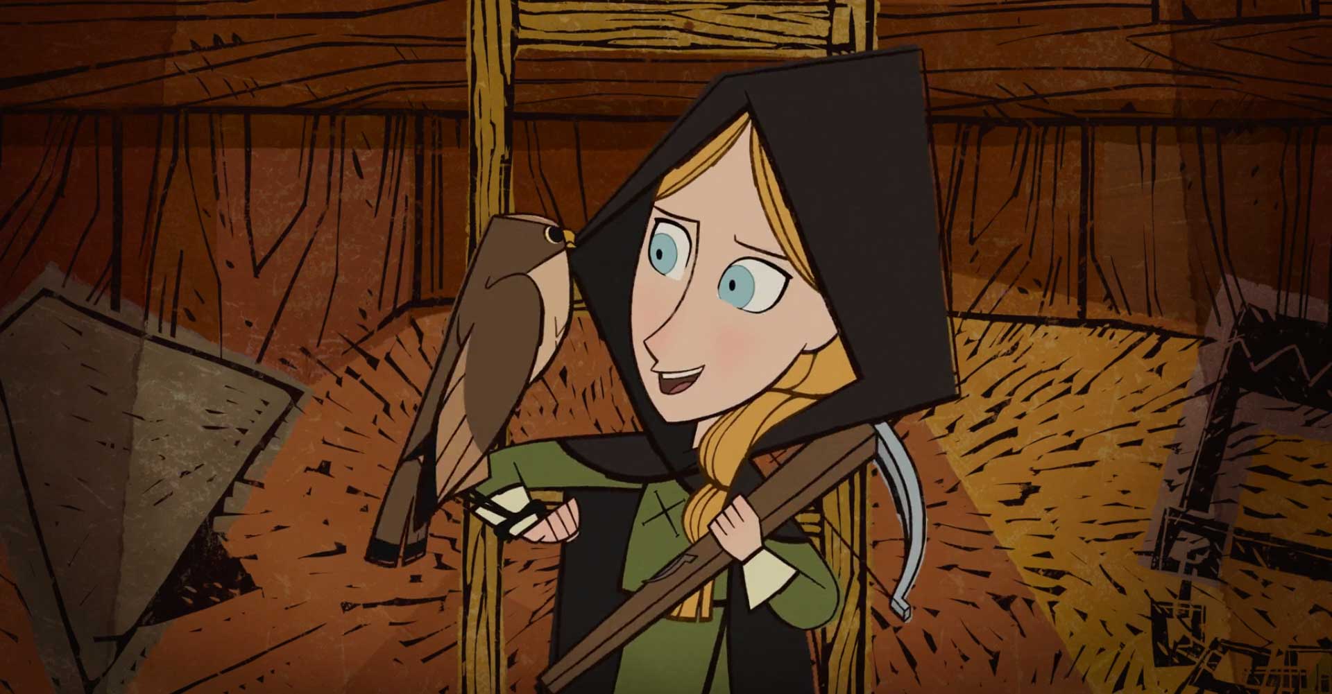 رابین در حال لبخند زدن به پرنده دست آموز خود در انیمیشن Wolfwalkers