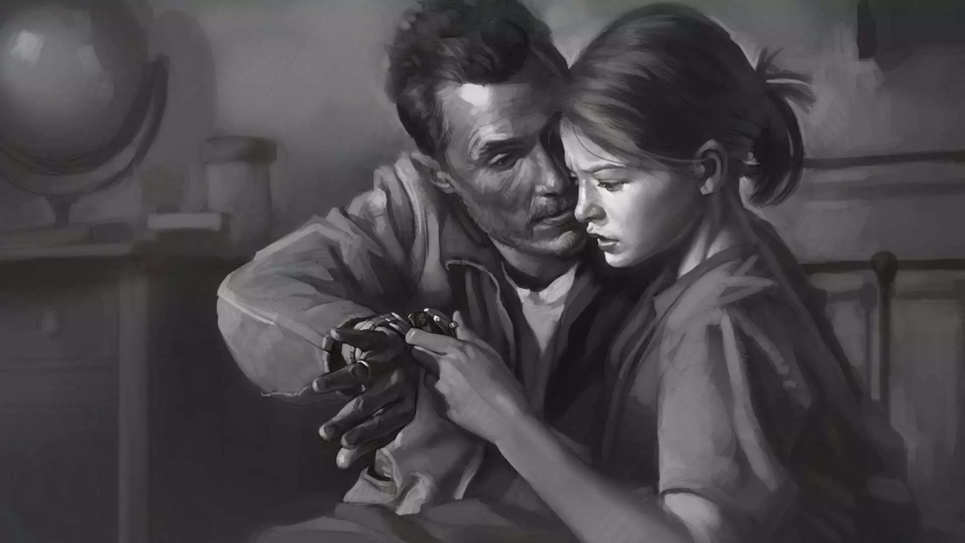 پدر در حال نشان دادن ساعت خود به دختر در فیلم Interstellar و تصویر هنری سیاه و سفید آن، شاهکار کریستوفر نولان