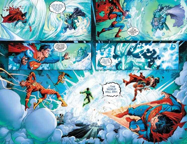 اعضای لیگ عدالت در حال مبارزه با شخصیت فراست کینگ در Justice League: Endless Winter