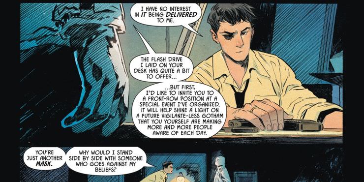 کریستوفر ناکانو در حال صحبت کردن با شخصیت میرر در سری کتاب کمیک Detective Comics