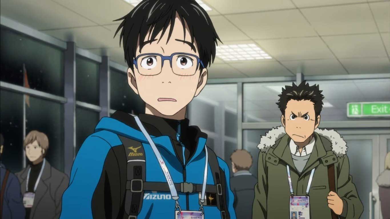 پسر عینکی ترسیده و دوست خشمگین او در سالن مسابقات در انیمه Yuri on Ice