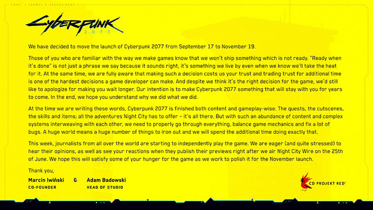 بیانیه تاخیر بازی Cyberpunk 2077
