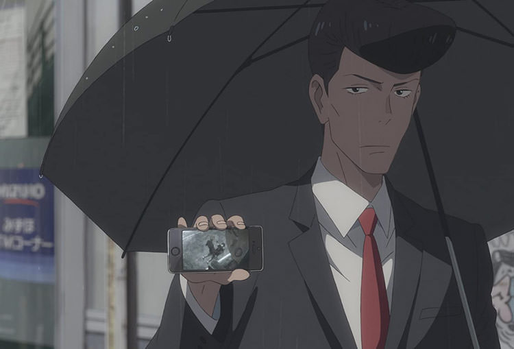 یک مرد با چتر و کراوات قرمز مشغول نشان دادن یک ویدیو در گوشی زیر باران انیمه Weathering with You