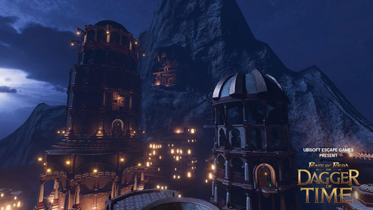 چند ساختمان قرون وسطایی روشن شده در شب تاریک در بازی پرنس آف پرشیا